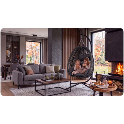 Hængestol med stel til have og terrasse, kurv 112 × 91 cm, 14 cm hynde, op til 150 kg – sort kurv, grå hynde