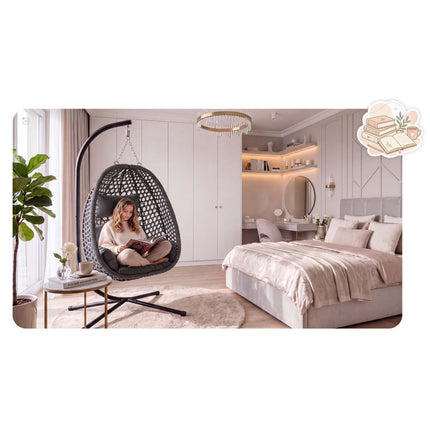 Hængestol med stel til have og terrasse, kurv 112 × 91 cm, 14 cm hynde, op til 150 kg – sort kurv, grå hynde
