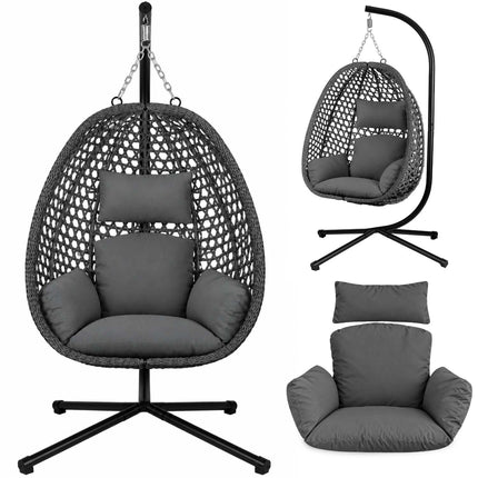 Hængestol med stel til have og terrasse, kurv 112 × 91 cm, 14 cm hynde, op til 150 kg – sort kurv, grå hynde