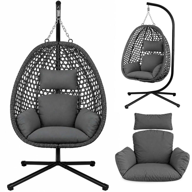 Hængestol med stel til have og terrasse, kurv 112 × 91 cm, 14 cm hynde, op til 150 kg – sort kurv, grå hynde