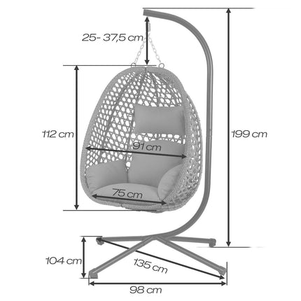Hængestol med stel til have og terrasse, kurv 112 × 91 cm, 14 cm hynde, op til 150 kg – sort kurv, grå hynde