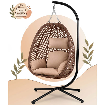 Hængestol med stel til have og terrasse, kurv 112 × 91 cm, 14 cm hynde, op til 150 kg – brun kurv, beige hynde