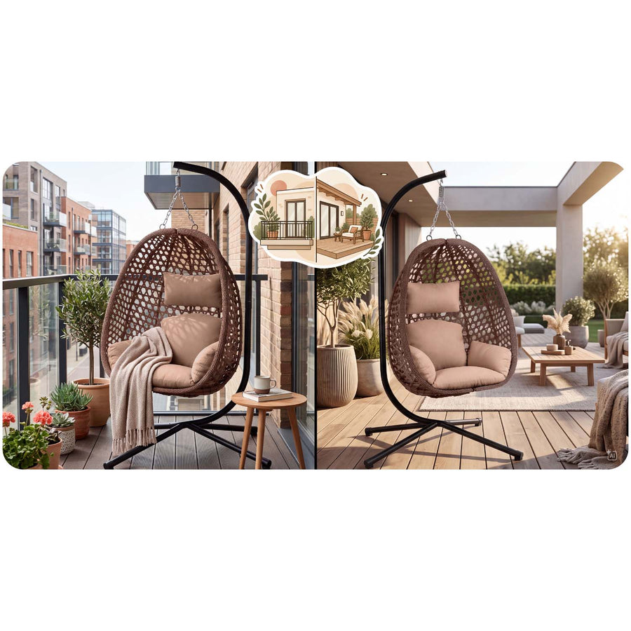 Hængestol med stel til have og terrasse, kurv 112 × 91 cm, 14 cm hynde, op til 150 kg – brun kurv, beige hynde