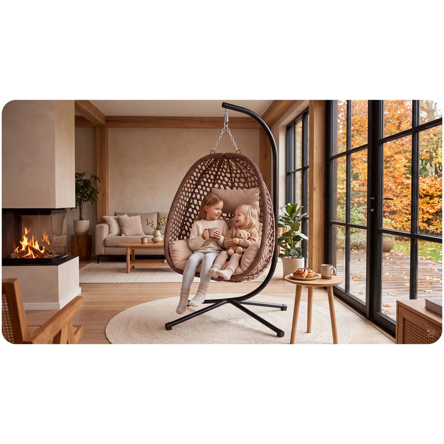 Hængestol med stel til have og terrasse, kurv 112 × 91 cm, 14 cm hynde, op til 150 kg – brun kurv, beige hynde