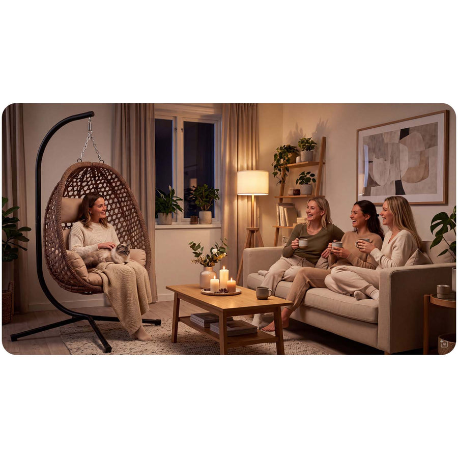 Hængestol med stel til have og terrasse, kurv 112 × 91 cm, 14 cm hynde, op til 150 kg – brun kurv, beige hynde