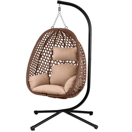 Hængestol med stel til have og terrasse, kurv 112 × 91 cm, 14 cm hynde, op til 150 kg – brun kurv, beige hynde