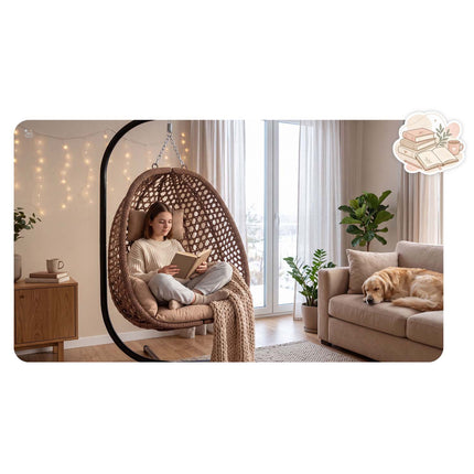 Hængestol med stel til have og terrasse, kurv 112 × 91 cm, 14 cm hynde, op til 150 kg – brun kurv, beige hynde