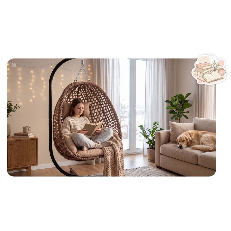 Hængestol med stel til have og terrasse, kurv 112 × 91 cm, 14 cm hynde, op til 150 kg – brun kurv, beige hynde