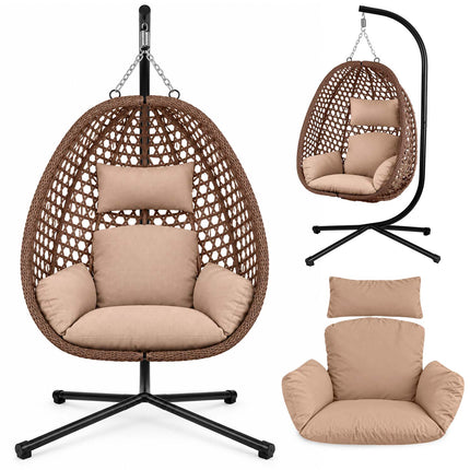 Hængestol med stel til have og terrasse, kurv 112 × 91 cm, 14 cm hynde, op til 150 kg – brun kurv, beige hynde
