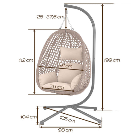 Hængestol med stel til have og terrasse, kurv 112 × 91 cm, 14 cm hynde, op til 150 kg – brun kurv, beige hynde