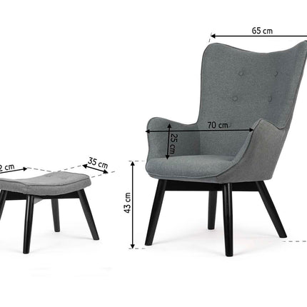Grå wingback lænestol med fodstøtte - Elegant komfort til stuen
