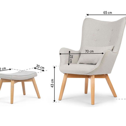 Wingback lænestol med fodstøtte i grå stof - elegant og komfortabel afslapning
