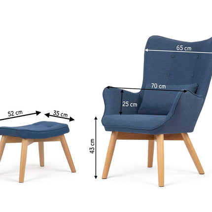 Wingback lænestol med fodstøtte i blå stof - elegant og komfortabel afslapning