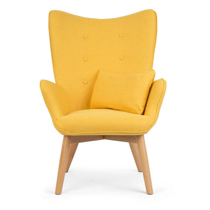 Wingback lænestol med fodstøtte i gul stof - elegant og komfortabel afslapning til stuen eller soveværelset