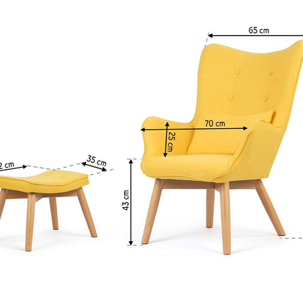 Wingback lænestol med fodstøtte i gul stof - elegant og komfortabel afslapning til stuen eller soveværelset