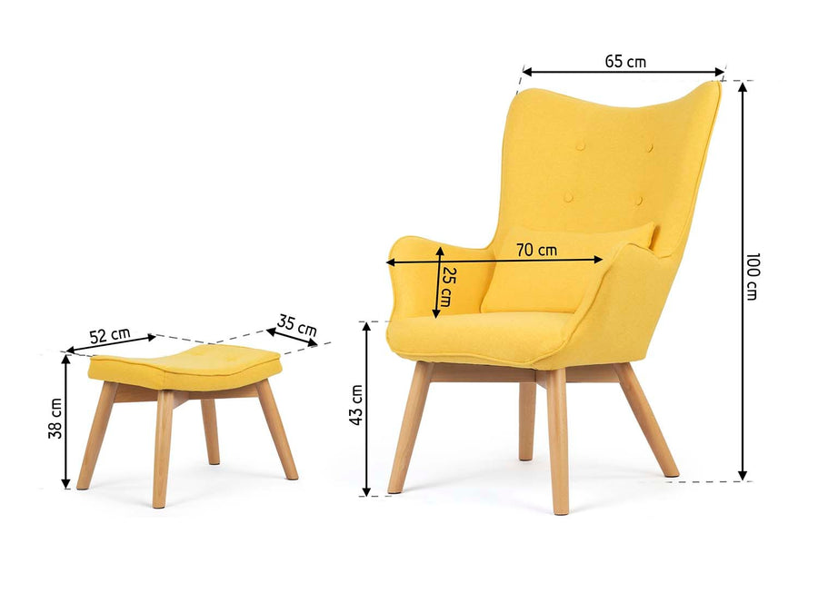 Wingback lænestol med fodstøtte i gul stof - elegant og komfortabel afslapning til stuen eller soveværelset