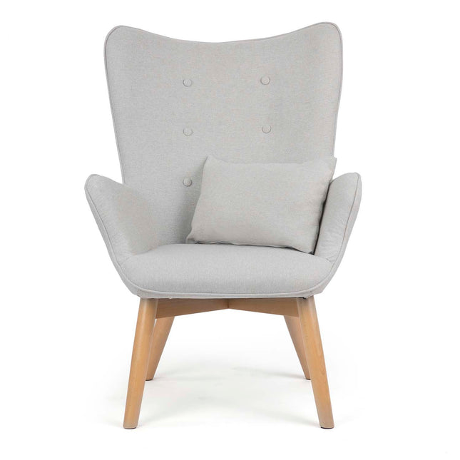 Wingback lænestol med fodstøtte i grå stof - elegant og komfortabel afslapning