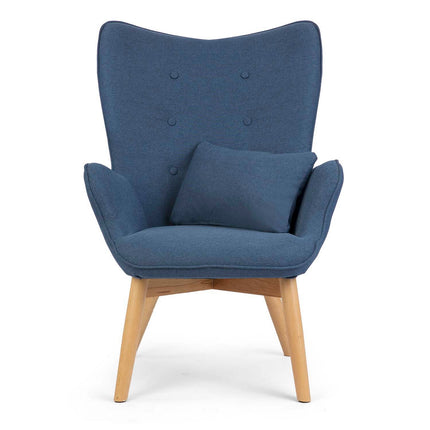 Wingback lænestol med fodstøtte i blå stof - elegant og komfortabel afslapning