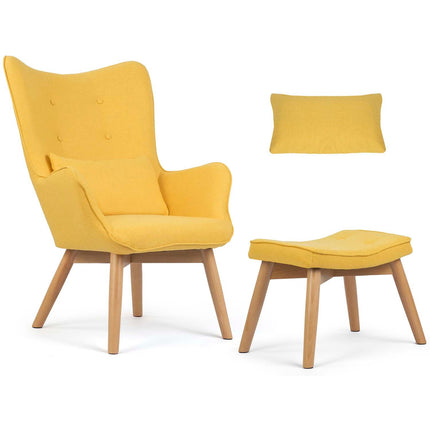 Wingback lænestol med fodstøtte i gul stof - elegant og komfortabel afslapning til stuen eller soveværelset