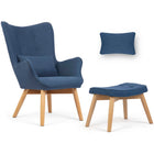Wingback lænestol med fodstøtte i blå stof - elegant og komfortabel afslapning