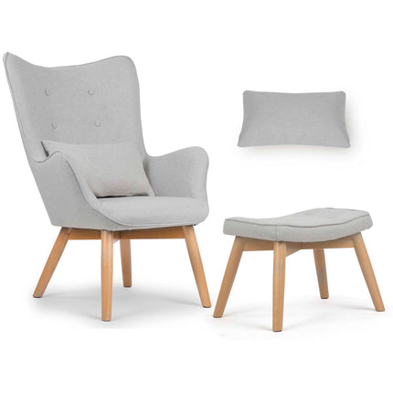 Wingback lænestol med fodstøtte i grå stof - elegant og komfortabel afslapning