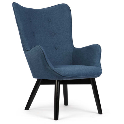 Wingback lænestol med fodstøtte i blå stof - elegant og komfortabel til stuen eller soveværelset