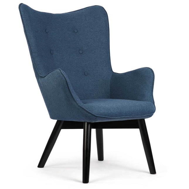 Wingback lænestol med fodstøtte i blå stof - elegant og komfortabel til stuen eller soveværelset