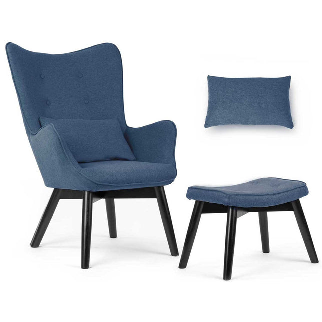 Wingback lænestol med fodstøtte i blå stof - elegant og komfortabel til stuen eller soveværelset