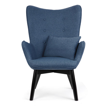 Wingback lænestol med fodstøtte i blå stof - elegant og komfortabel til stuen eller soveværelset