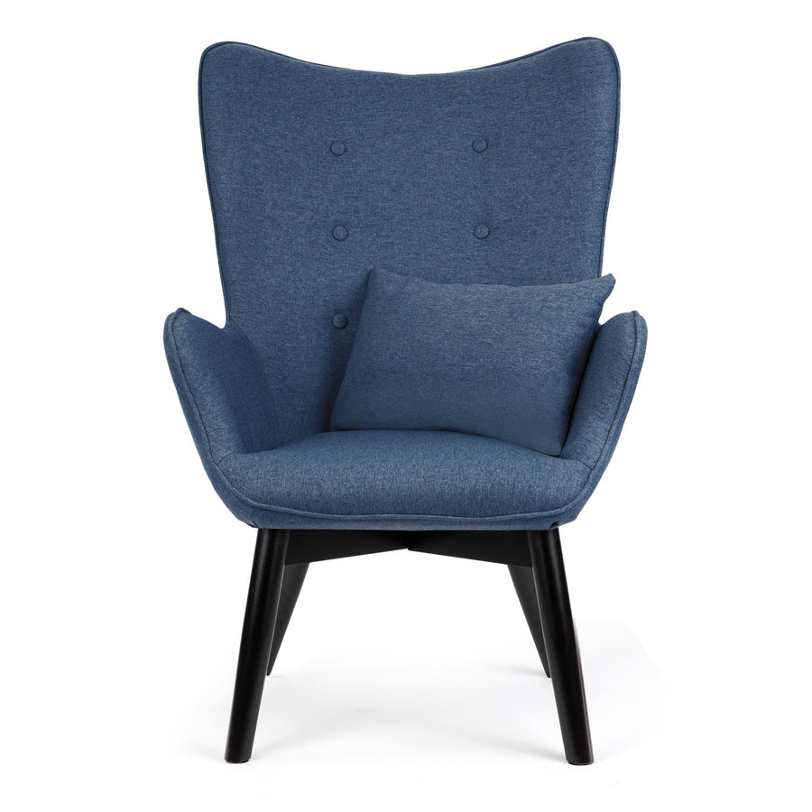 Wingback lænestol med fodstøtte i blå stof - elegant og komfortabel til stuen eller soveværelset