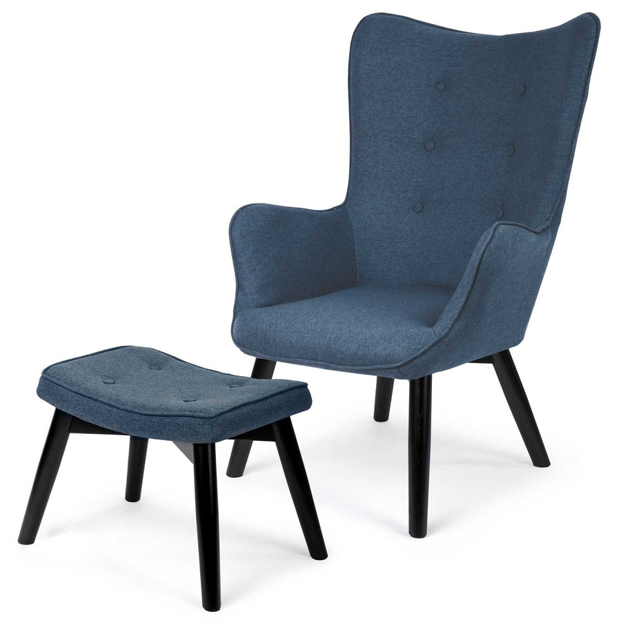 Wingback lænestol med fodstøtte i blå stof - elegant og komfortabel til stuen eller soveværelset