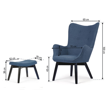 Wingback lænestol med fodstøtte i blå stof - elegant og komfortabel til stuen eller soveværelset