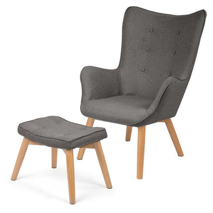 Wingback lænestol med fodstøtte i grå stof - perfekt til stuen og soveværelset