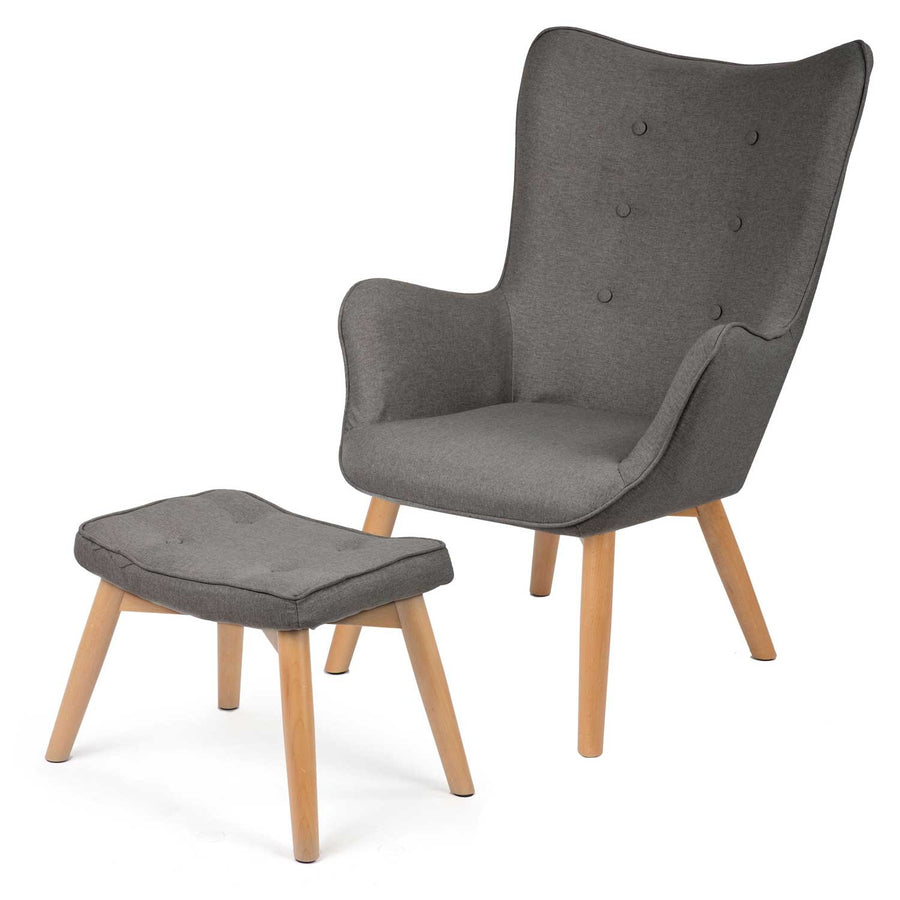 Wingback lænestol med fodstøtte i grå stof - perfekt til stuen og soveværelset