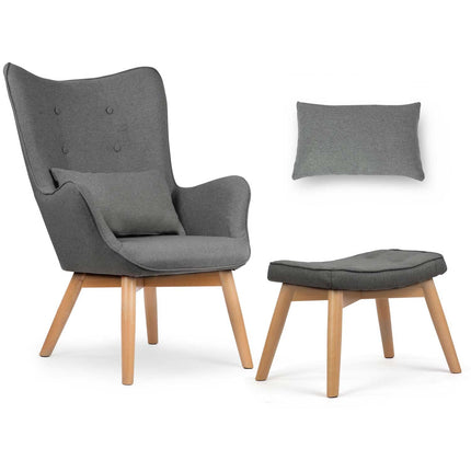 Wingback lænestol med fodstøtte i grå stof - perfekt til stuen og soveværelset