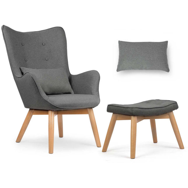 Wingback lænestol med fodstøtte i grå stof - perfekt til stuen og soveværelset
