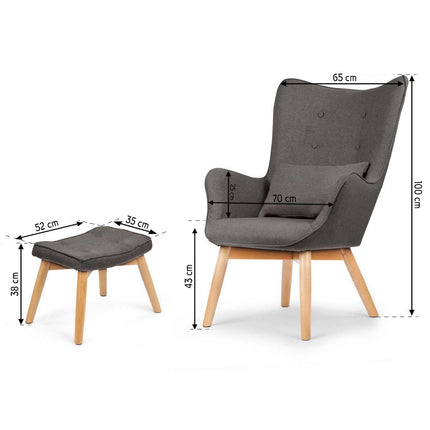 Wingback lænestol med fodstøtte i grå stof - perfekt til stuen og soveværelset