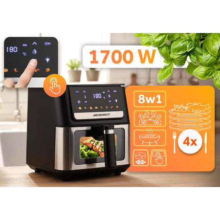Airfryer 6,5 l, 1700 W med berøringsskærm, 8 programmer og kurv med vindue – sort