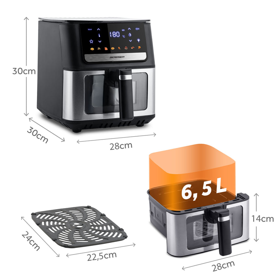 Airfryer 6,5 l, 1700 W med berøringsskærm, 8 programmer og kurv med vindue – sort