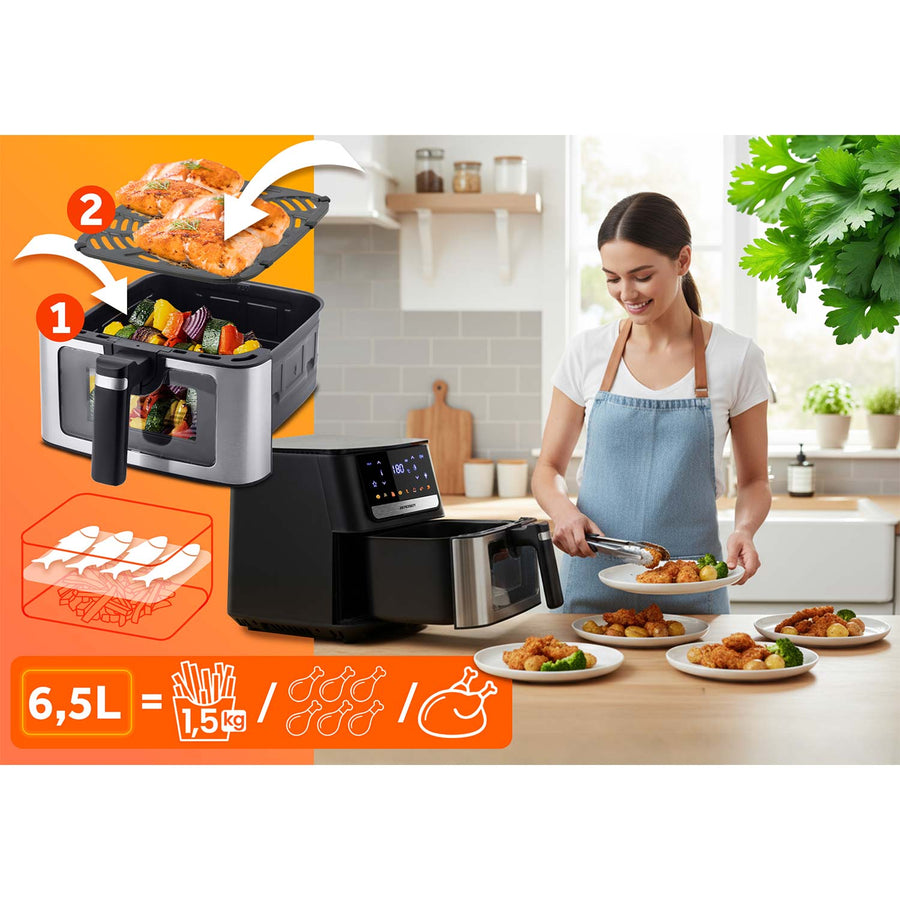 Airfryer 6,5 l, 1700 W med berøringsskærm, 8 programmer og kurv med vindue – sort