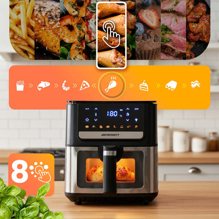 Airfryer 6,5 l, 1700 W med berøringsskærm, 8 programmer og kurv med vindue – sort