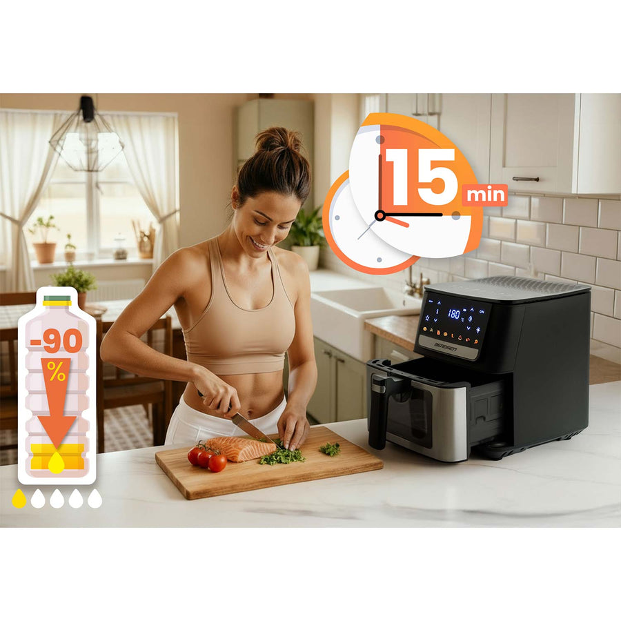 Airfryer 6,5 l, 1700 W med berøringsskærm, 8 programmer og kurv med vindue – sort