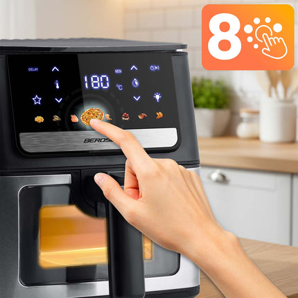 Airfryer 6,5 l, 1700 W med berøringsskærm, 8 programmer og kurv med vindue – sort