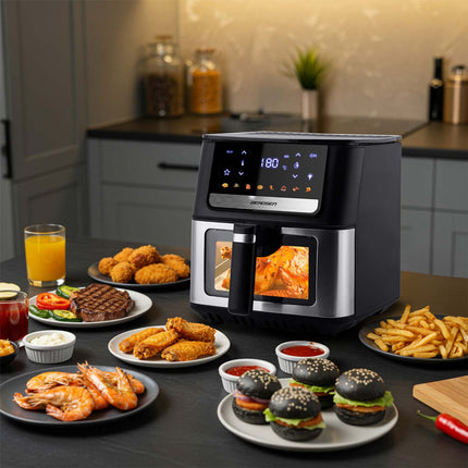 Airfryer 6,5 l, 1700 W med berøringsskærm, 8 programmer og kurv med vindue – sort