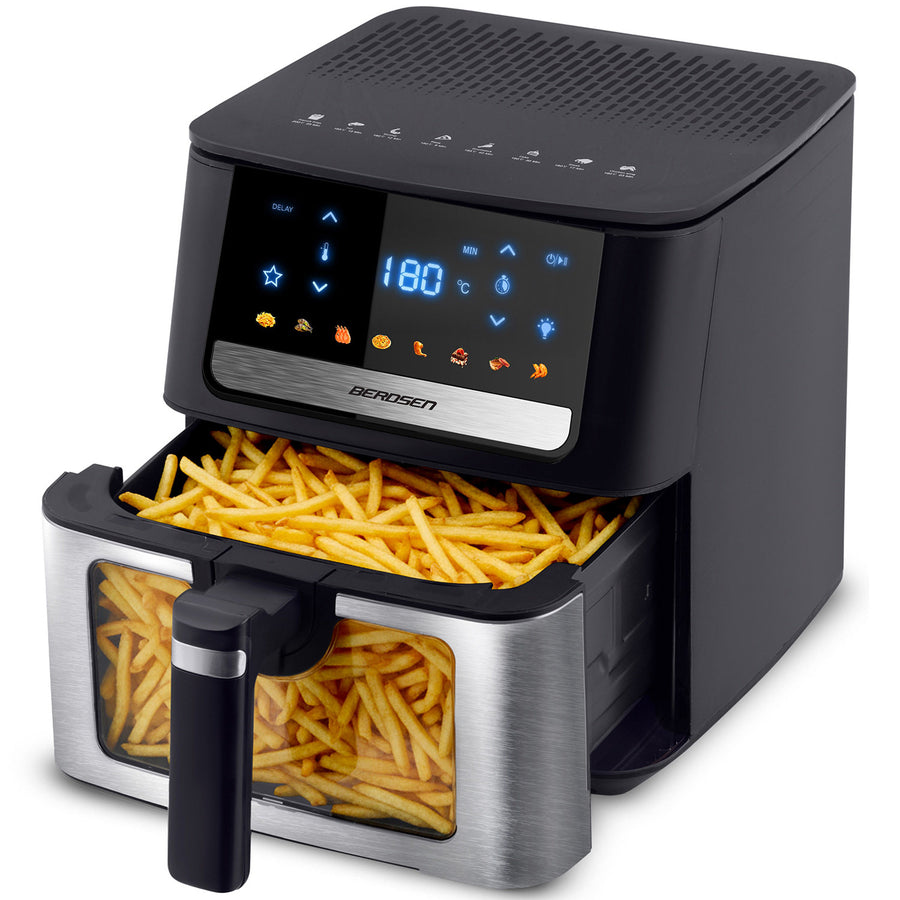 Airfryer 6,5 l, 1700 W med berøringsskærm, 8 programmer og kurv med vindue – sort