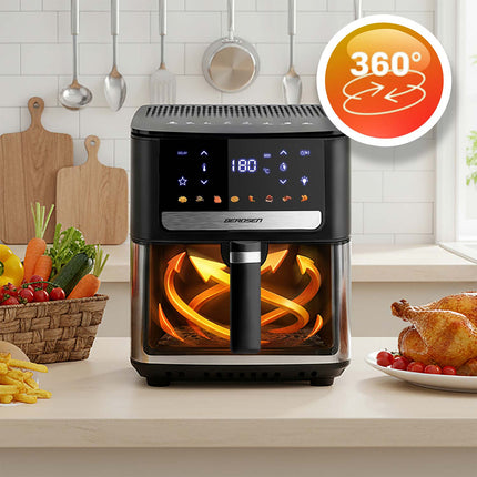 Airfryer 6,5 l, 1700 W med berøringsskærm, 8 programmer og kurv med vindue – sort