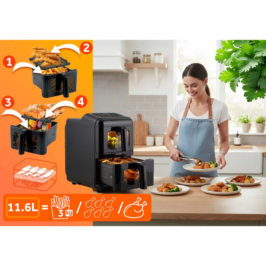 Airfryer med to kamre 11,6 l (2 x 5,8 l), 3000 W, 9 programmer og berøringsskærm
