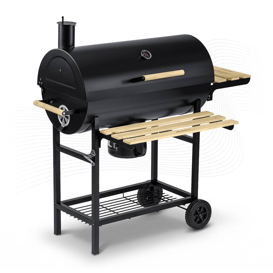Kulgrill i tøndeform med skorsten, termometer, foldbare sidehylder og askeskuffe – sort