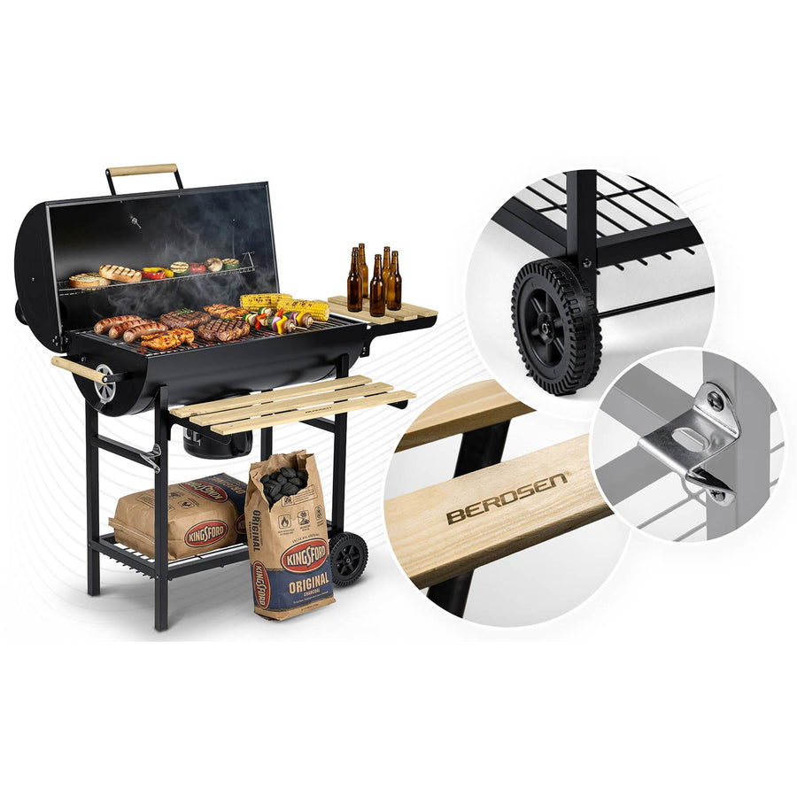 Kulgrill i tøndeform med skorsten, termometer, foldbare sidehylder og askeskuffe – sort