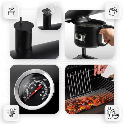 Kulgrill i tøndeform med skorsten, termometer, foldbare sidehylder og askeskuffe – sort
